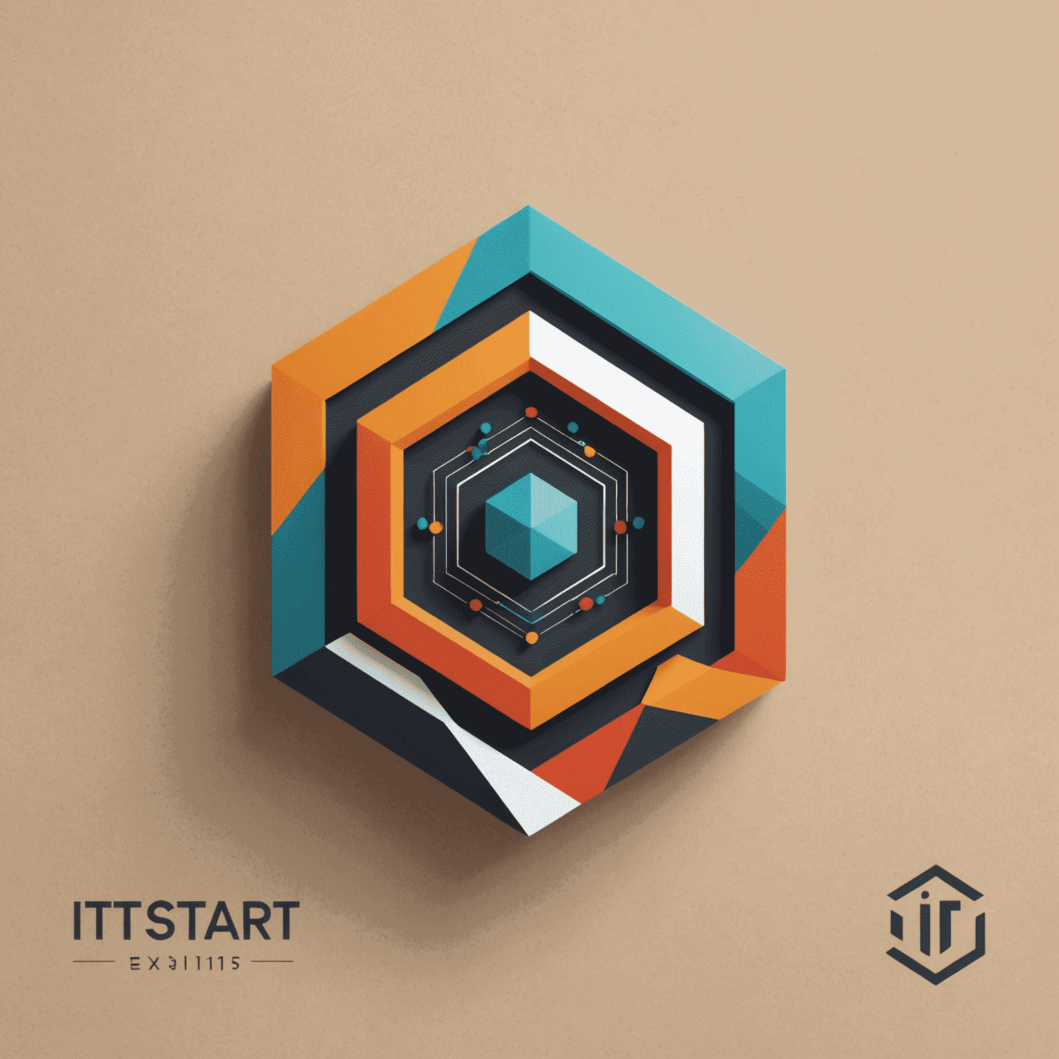 Logo firmy itstart przedstawiające nowoczesny, geometryczny design z elementami kodu i symbolami technologii