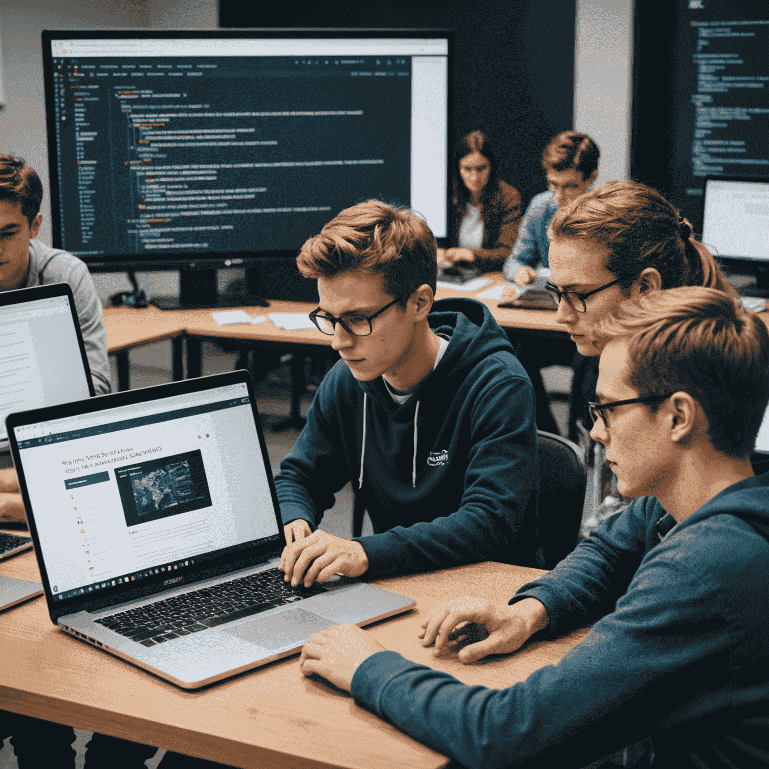 Grupa studentów pracująca nad projektem strony internetowej. Widoczne są laptopy z otwartymi edytorami kodu, a na ekranach można dostrzec fragmenty HTML, CSS i JavaScript. Studenci dyskutują i współpracują, tworząc responsywny layout strony.