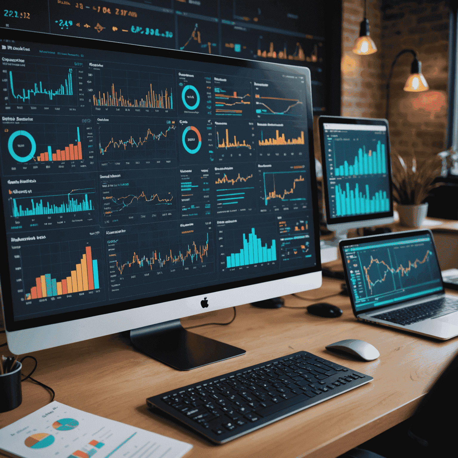 Wizualizacja analizy danych przedstawiająca kolorowe wykresy, diagramy i dashboardy na ekranie komputera. W tle widoczne są linie kodu i symbole matematyczne, symbolizujące złożoność i potencjał nauki o danych.