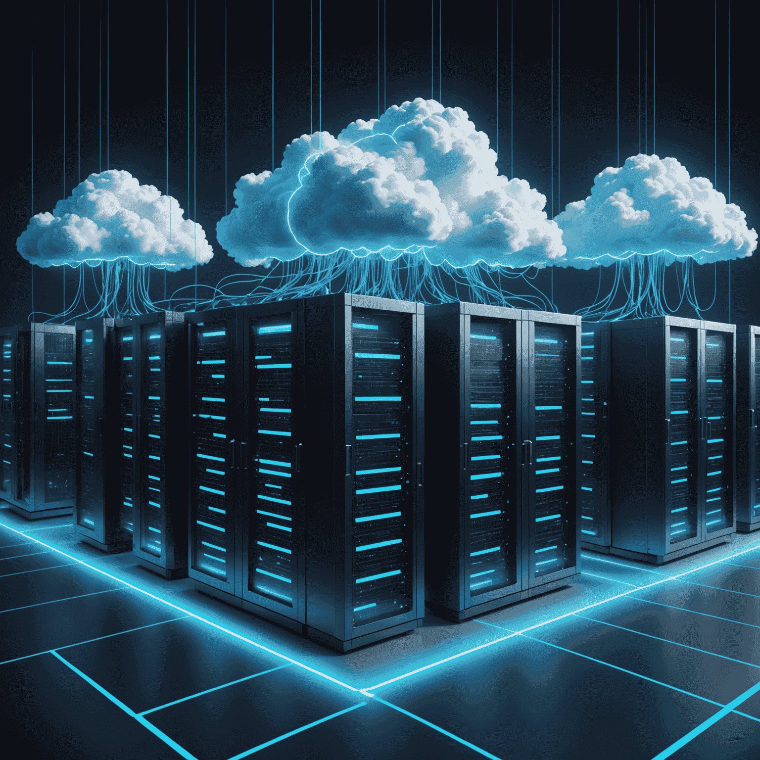 Wizualizacja architektury chmurowej z serwerami, bazami danych i aplikacjami połączonymi siecią. Grafika utrzymana w kolorach niebieskim i cyjanowym, z elementami świecącymi jak neony.