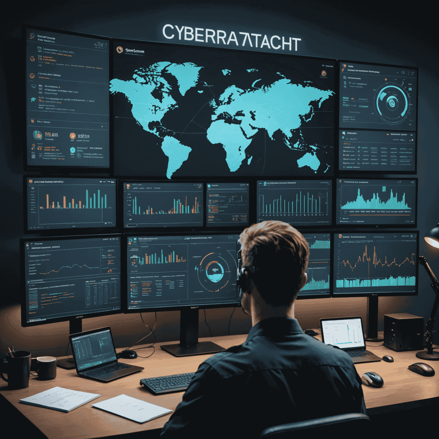 Obraz przedstawiający zaawansowaną konsolę bezpieczeństwa z wykresami i alertami w czasie rzeczywistym, pokazującą różne typy cyberataków i metody obrony