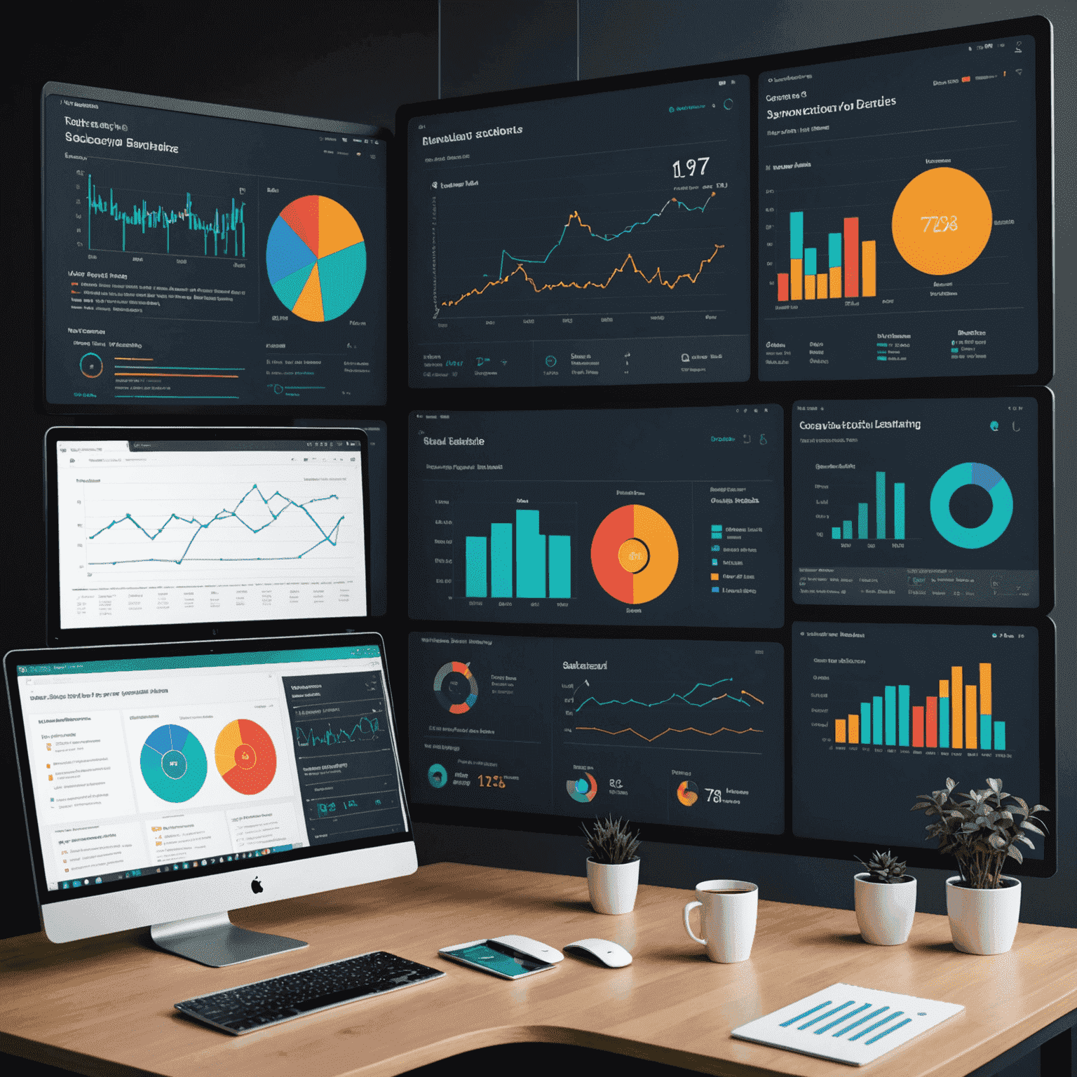 Obraz przedstawiający zaawansowane wizualizacje danych, modele uczenia maszynowego i interaktywne dashboardy pokazujące najnowsze trendy i zastosowania w data science